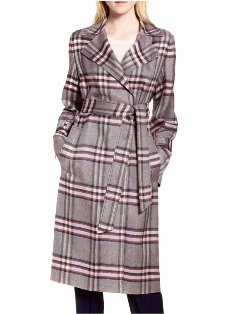 LEWIT Bold Trench Coat Navy Harper Plaid